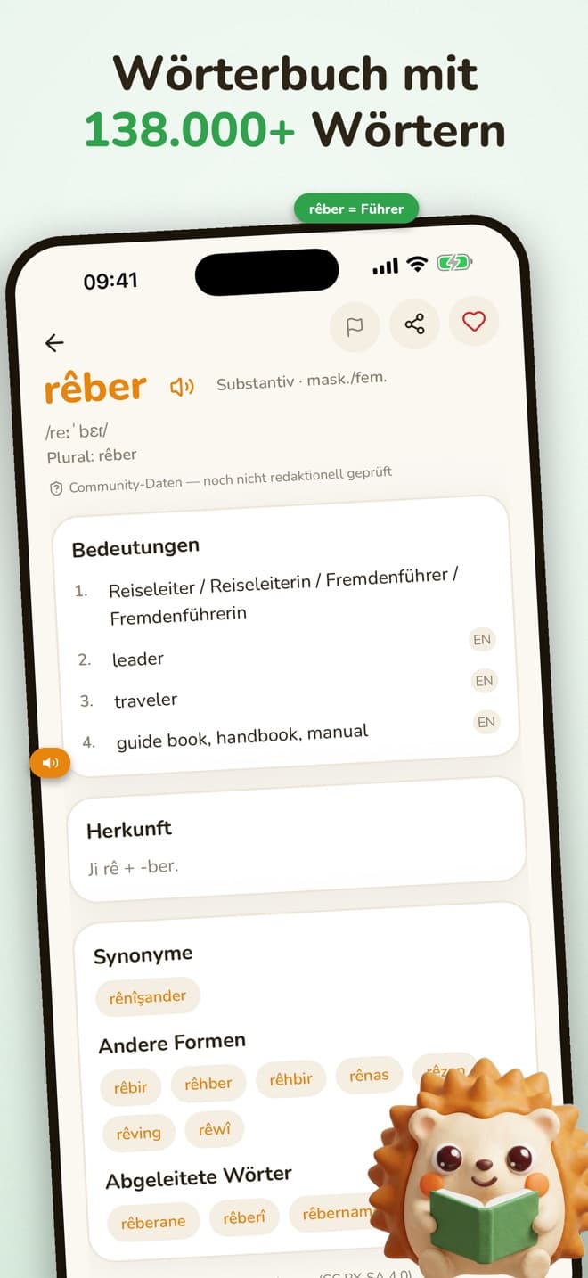 Jûjî-Wörterbuch mit einem Kurmancî-Wort samt Bedeutungen und Beispielen